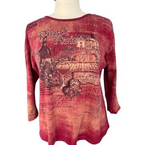 Vtg. Y2K Jess & Jane Pinot Noir Rhinestones V Neck T Shirt Size L Art To Wear